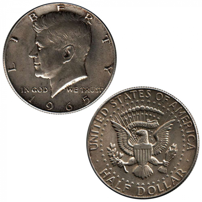 (1965) Монета США 1965 год 50 центов  2. Серебро, 400 Кеннеди Серебро Ag 400  XF